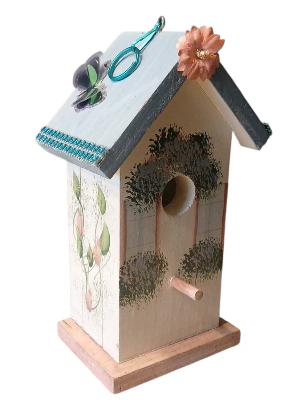 Hand-Painted Decorative Birdhouse with Teal Roof Trim and Peach Accents